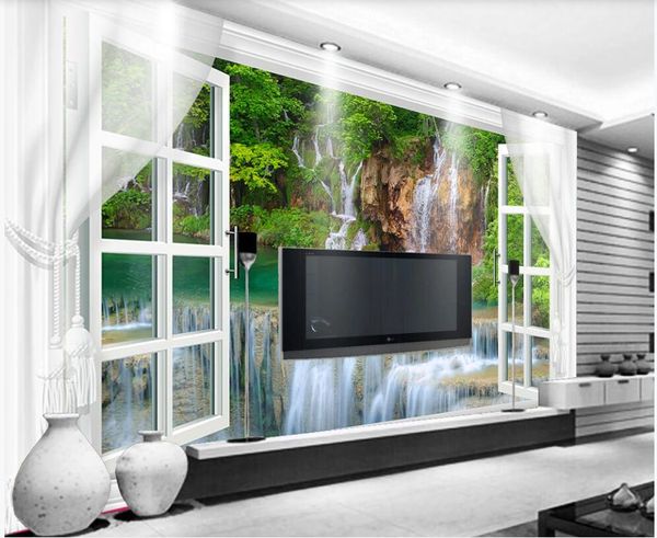 

3d wallpaper custom p mural beautiful scenery of waterfall outside the window tv background home decor wallpaper in the living room