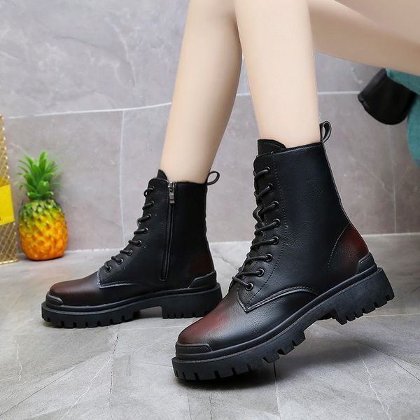 

leather ankle boots for women nice autumn 2020 british pu platform zip lace up flat shoes woman fashion motorcycle boots, Black