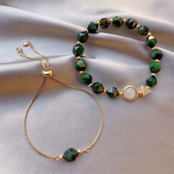 

forseven adjustable gem stone bracelet set for women girls wristband birthday jewellry gifts beaded chains bangle anklets, Golden;silver