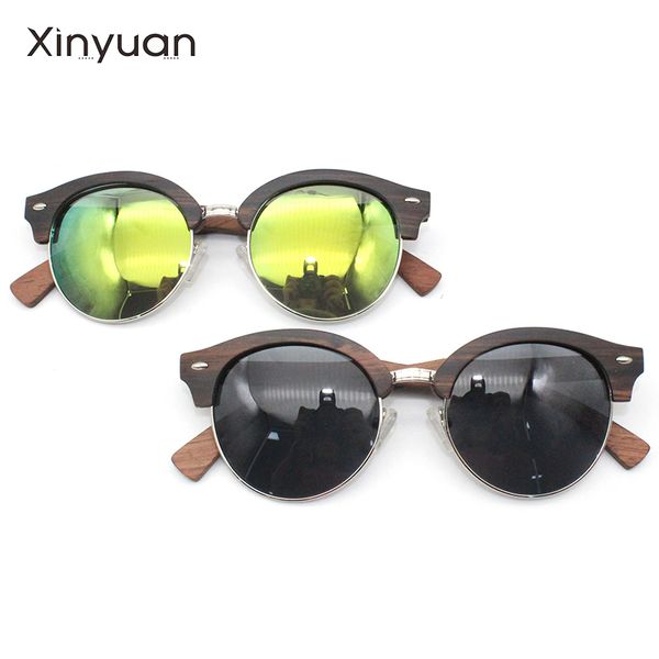 

ld19 natural ebony round frame metal bridge wooden sunglasses handmade polarized mirror coating lenses eyewear pin decoration, White;black