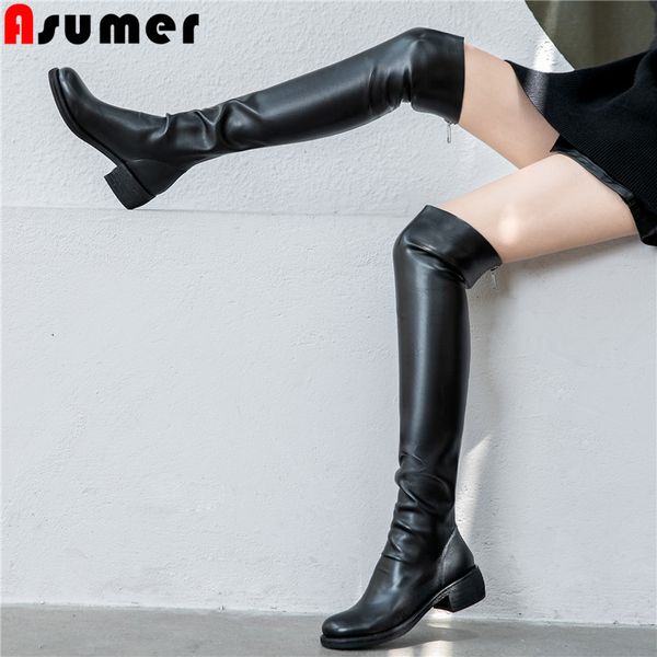 

asumer size 34-40 fashion genuine leather boots round toe zip knee high boots black med heels shoes women autumn winter