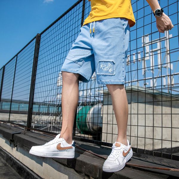 

сыпучие большой размер джинсовой ткани обрезаются случайные брюки мужские 2020 лето новая молодежная мода бренд тонкие прямые случайные штан, Blue