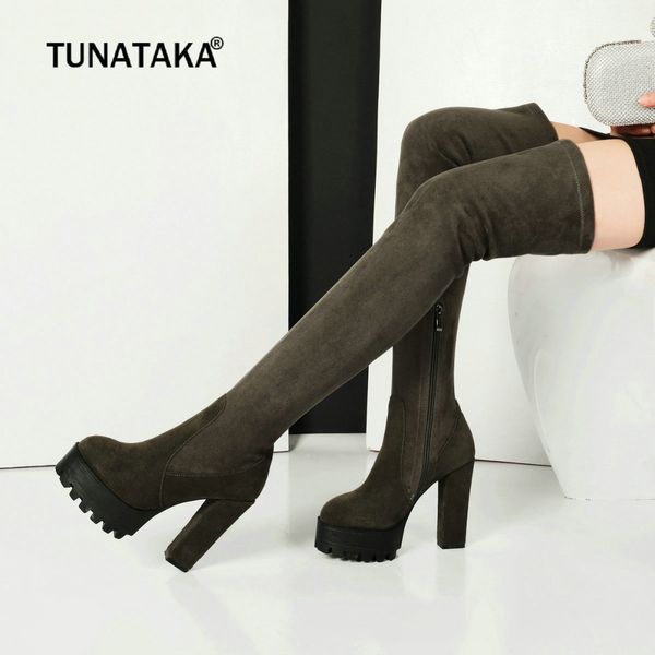 

suede winter thigh boots square high heel side zipper woman over the knee boots fashion platform party thigh boots black greenmultifunction