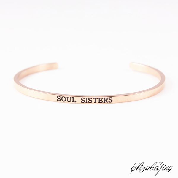 

rose gold 316l stainless steel bangle engraved soul sisters positive inspirational mantra bangles bracelets for women, Black