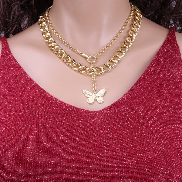 

fashion double-layer thick ins metal butterfly exaggerated personalized chain hip hop necklace, Silver