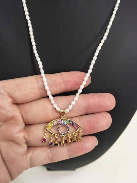 

women's fashion jewelry micro inlaid zircon color eyes accessories pendant freshwater pearl necklace, Silver