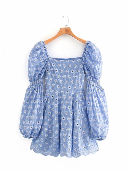 

2020 blue white designer clothing a line women's fashion with thin french embroidered bubble sleeve square collar temperament dress, Black;gray
