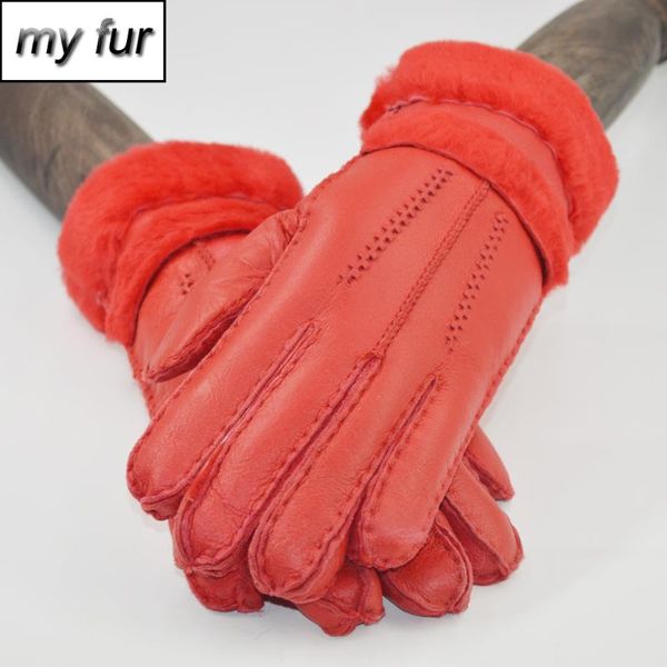 

five fingers gloves 2021 russian winter women real leather 100% sheepskin warm full finger lady wool fur mittens, Blue;gray