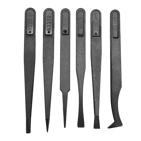 

6pcs precision tweezer set plastic anti static tool kit size 1/2/3/5/6/8 each one(black)