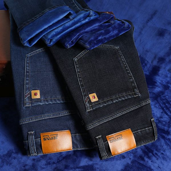 

men's jeans warm fleece mens winter velvet jean trousers flocking soft men pants 40 42 44 46 large size, Blue