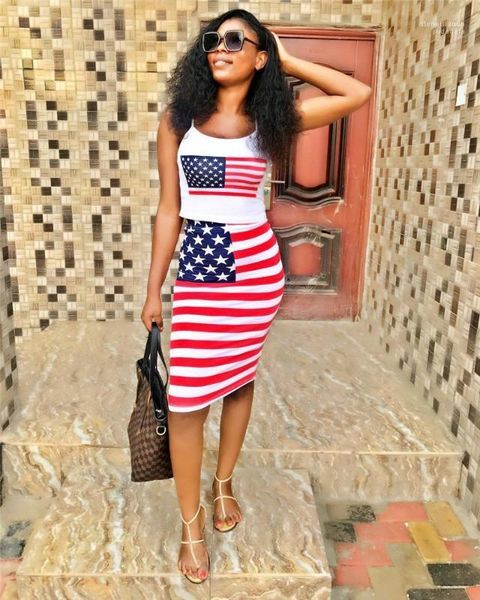 

2pcs dress summer skinny ladies two piece sets striped print womens clothing the usa flag print womens, White