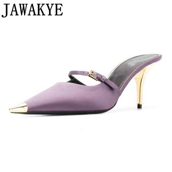 

gold metal heel pointed toe dress mules elegant violet buckle strap satin high heel summer slippers formal shoes women sandals, Black