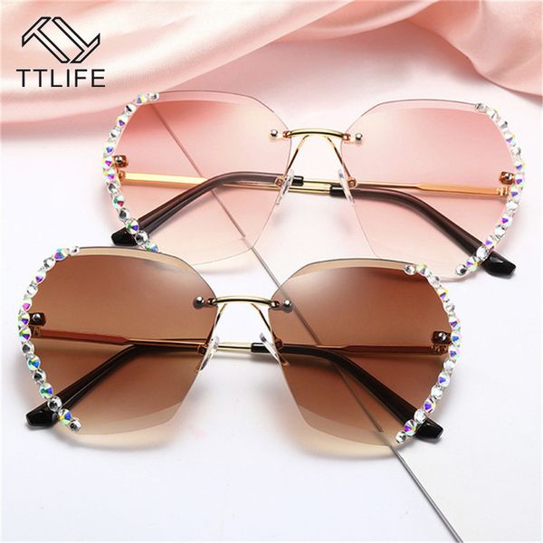 

ttlfe 2020 fashion oversized rimless sunglasses women famous design diamond square sun glasses female, White;black