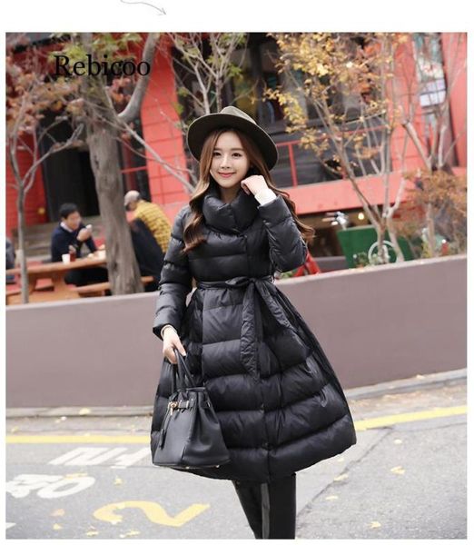

winter fashion women coats medium-long cotton-padded jacket thick lacing waist large hem parka overcoat, Tan;black