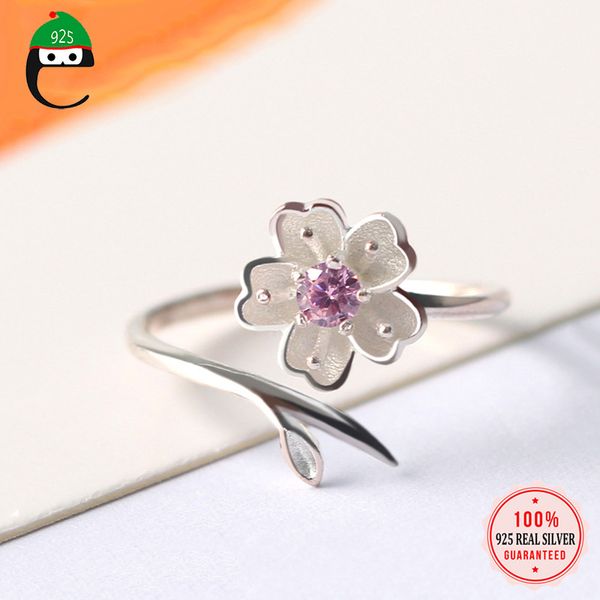 

cluster rings elfoplatasi 100% 925 sterling silver fashion sakura with cz cocktail opening ring sizable 5 6 7 teen girl kid xma gift xy1006, Golden;silver