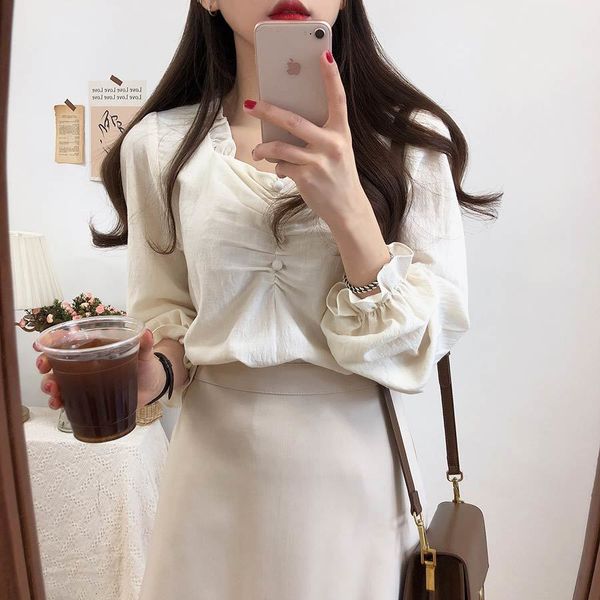 

s-xl плюс размера весна повседневной летних девочки блузки рубашка с длинным рукавом лоскутных женщин блузы девушек топ vetement ф, White