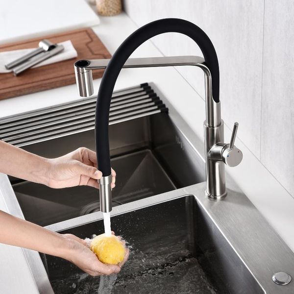 

bathroom sink faucets single handle kitchen silicone hose high arc basin brushed nickel finished 360 degree water tap
