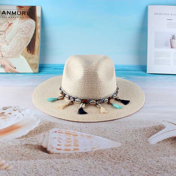 

wide brim hats spring summer shell hat lady versatile straw tassel bell shaped glacier beach holiday leisure sunshade trend pure, Blue;gray