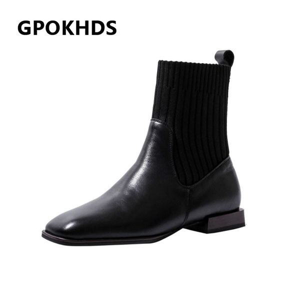

boots gpokhds 2021 women ankle cow leather winter short plush square toe low heels female riding size 42, Black