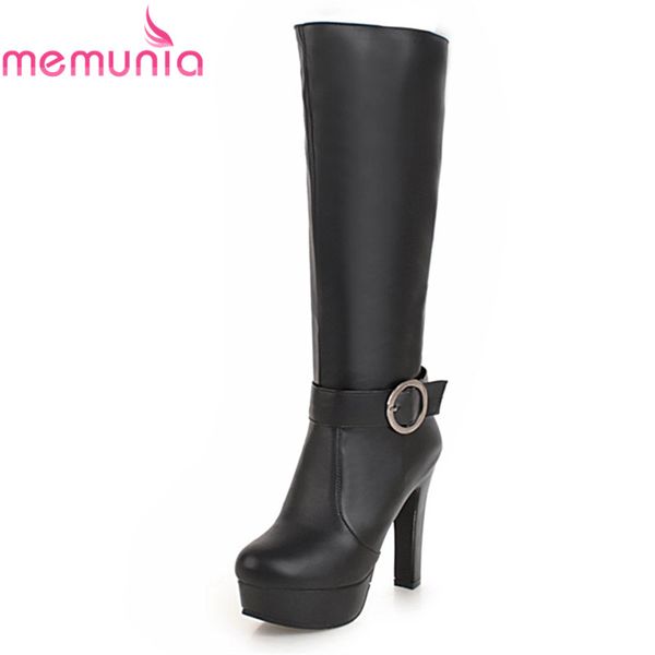 

boots memunia arrival 2021 knee high women solid zip 11.5 cm thick heels round toe with buckle platform shoes, Black