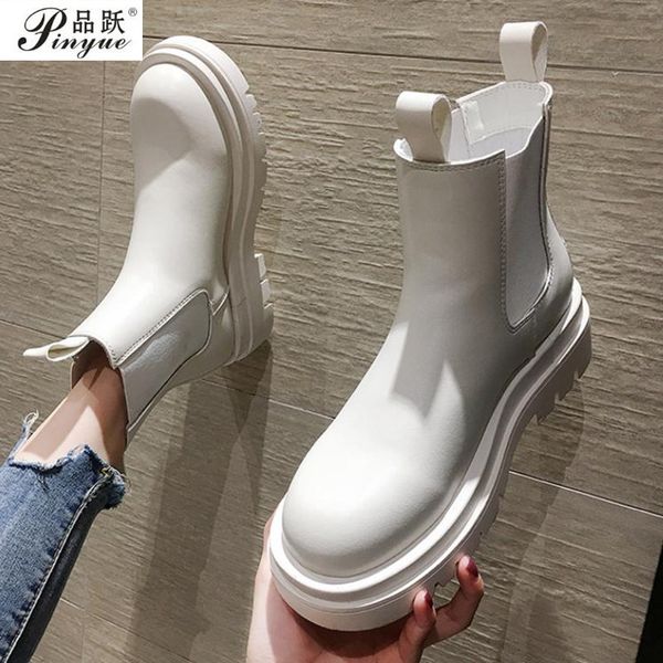 

slip-on black women ankle boots elastic opening female short boots round toe platform low heels motorcycle boots