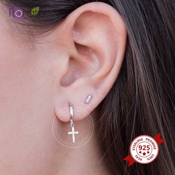 

hoop & huggie 100% real 925 sterling silver earrings for women dainty cross-shaped zircon pendant fashion jewelry, Golden;silver