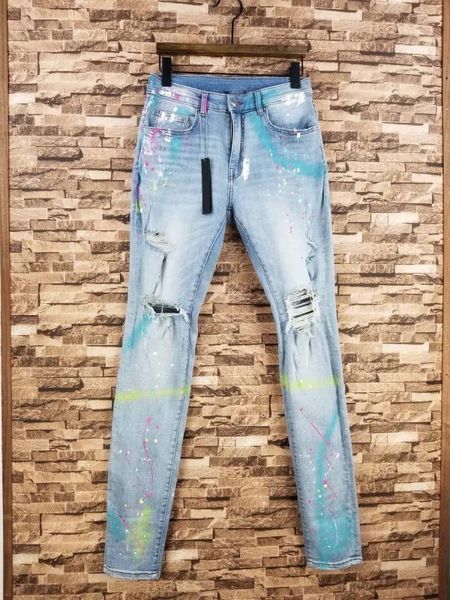 

men random paints splatter skinny distressed lt blue jeans