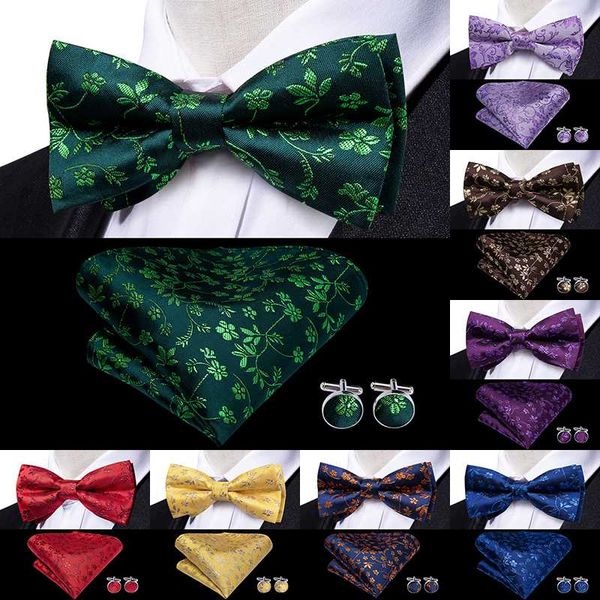 

wholesale price men's bow tie set 100% silk butterfly tie luxury foral male wedding party green purple bow cufflinks set, Black;gray