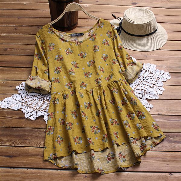 

2020 zanzea summer women o neck long sleeve blouse casual vintage floral print cotton linen shirt loose plus size, White
