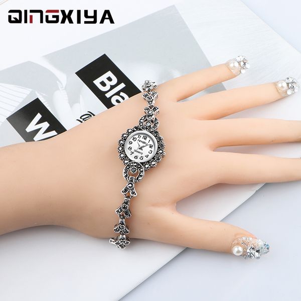 

wristwatches qingxiya antique silver bracelet watches for women fashion quartz watch clock ladies wrist zegarek damski, Slivery;brown