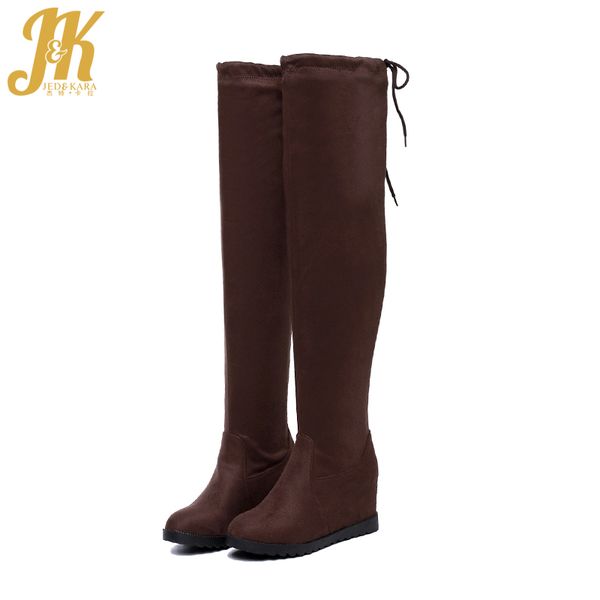 

jk plus размер 43 над коленом высокие каблуки женщины boots креста связали круглый toe обувь flock вставка stretch загрузки обувь женщин 202, Black
