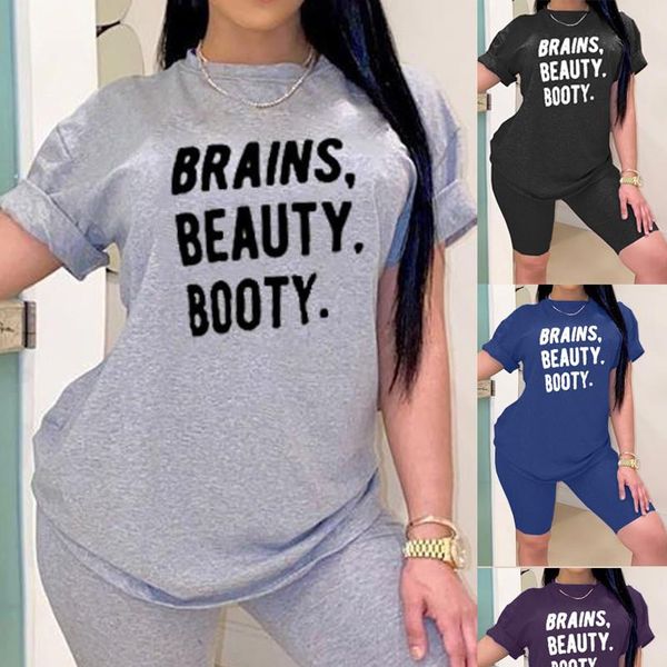 

2020 новое лето письмо версия для печати повседневный женщин двухкусочный эпикировка набор tracksuit рубашка sexy top байкер шорты jogger 2, Gray