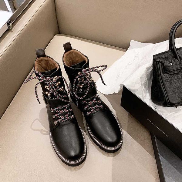 

may niamh thick bottom ankle boots 2020 autumn lace-up genuine leather buckle strap decoration boots for women shoes a015, Black