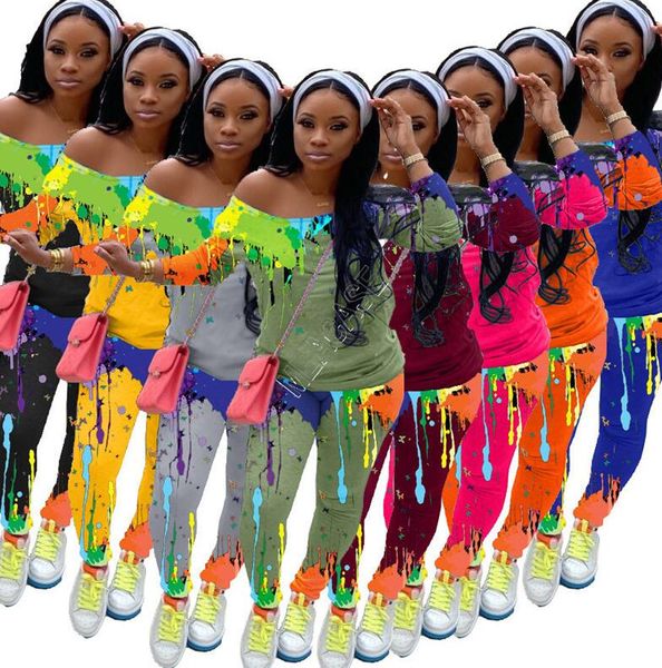 

женщины tracksuit мода всплеск чернила для печати диагональ плеча с длинным рукавом футболка свитер брюки леггинсы две пьесы набор спортивны, Gray