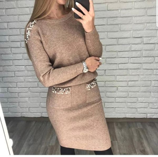 

women's suit beaded sweater + skirt suits female off shoulder long sleeve pullovers woman knitted skirts set two piece set, Gray