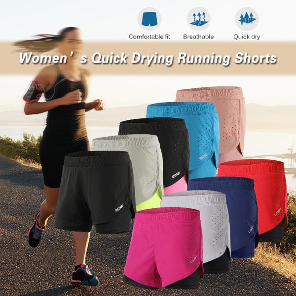 

lixada women 2-in-1 running shorts quick drying breathable active training exercise jogging cycling shorts with longer liner, Black;blue
