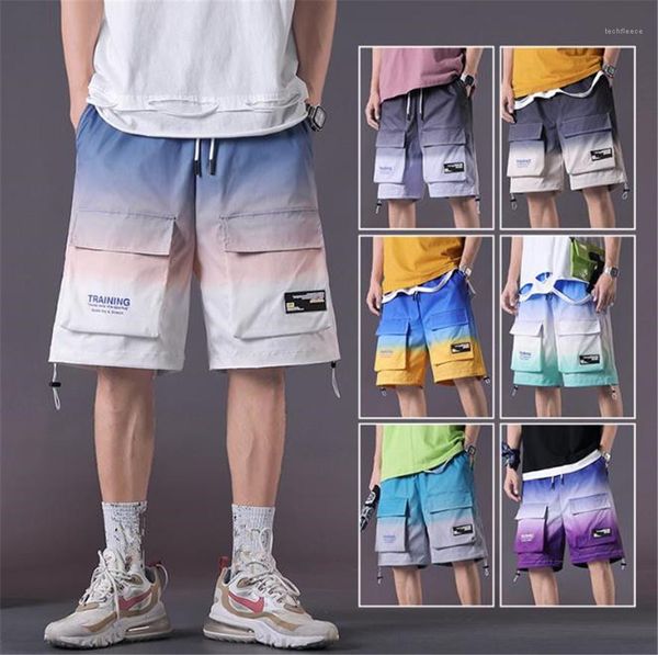 

loose gradient color short pants drawstring hip hop homme trousers mens cargo shorts designer mid waist, Black