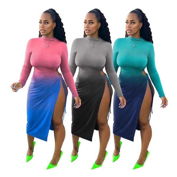 

women fashion midi casual dresses s2xl gardual bandage crew neck split long sleeve shirt elegant skirt fashion clothing sell 3778, Black;gray
