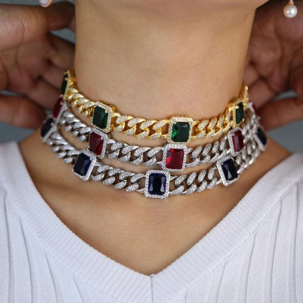 

big red blue green rectangle stone charm necklace iced out miami cz cuban link chain 16inch hip hop women chunky choker necklace, Golden;silver