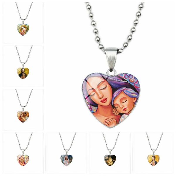

pendant necklaces 30 global mom's love vintage christ jesus oil painting heart charm necklace jewish time mother's gift art jewelr, Silver
