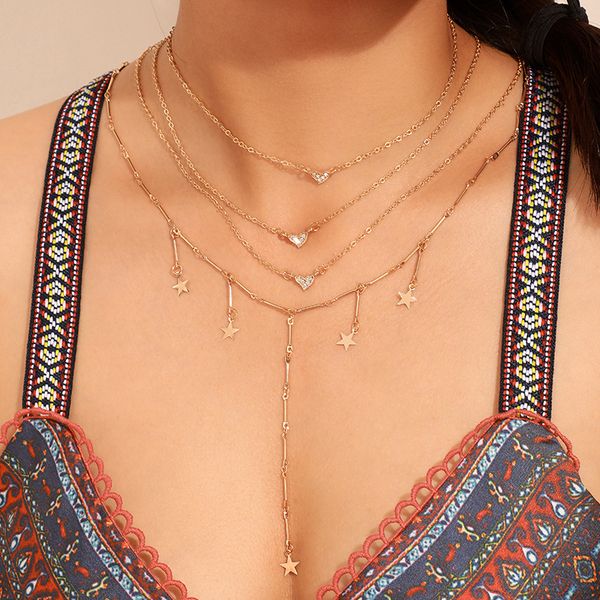 

4pcs/set fashion popular crystal heart-shaped moon necklace set girl alloy star multilayer gold necklace simple gift wholesale, Silver