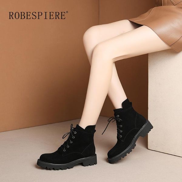 

robespiere new winter warm plush ankle boots quality cow suede round toe shoes women fashion european lace up snow boots b55, Black