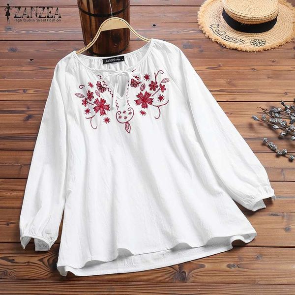 

zanzea vintage floral embroidery shirt 2020 spring women v neck long sleeve blouse robe party blusas plus size cotton linen, White