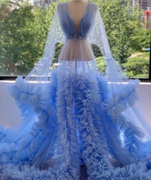 Abito da servizio fotografico di maternità con maniche lunghe, kimono sexy invernale da donna con volant blu chiaro, per la festa in gravidanza, per il baby shower