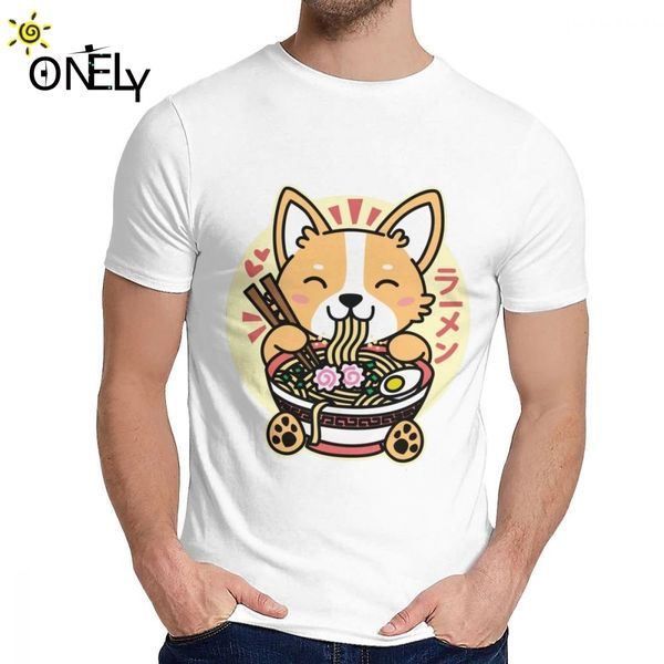 

for man t shirt corgi eating ramen cute kawaii noodles cotton streetwear man's o-neck harajuku streetwear short sleeve