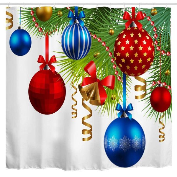 

christmas ball shower curtain fabric, colorful ornaments on pine tree twig print bath art curtain, xmas polyester bath shower