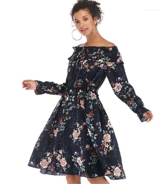 

dresses casual females clothing floral print womens casual dresses slash neck long sleeve womens designer, Black;gray