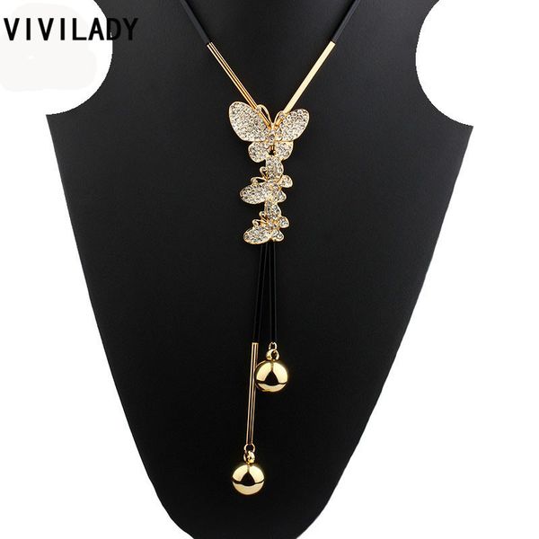 

vivilady new lovely crystal butterfly long chain necklaces women handmade tassels gold color beads fashion jewelry bijoux gifts, Silver