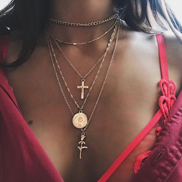 

fashion cross rose combination multilayer necklace bohemian pendants alloy jewelry gold necklaces for women, Silver
