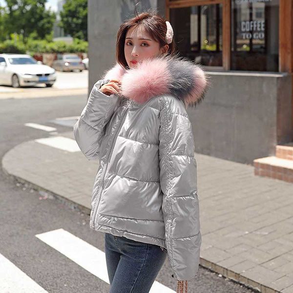 

2020 korean style women's winter down jacket hooded shiny short style puffer coat female with fur collar loose plus size outwear, Black